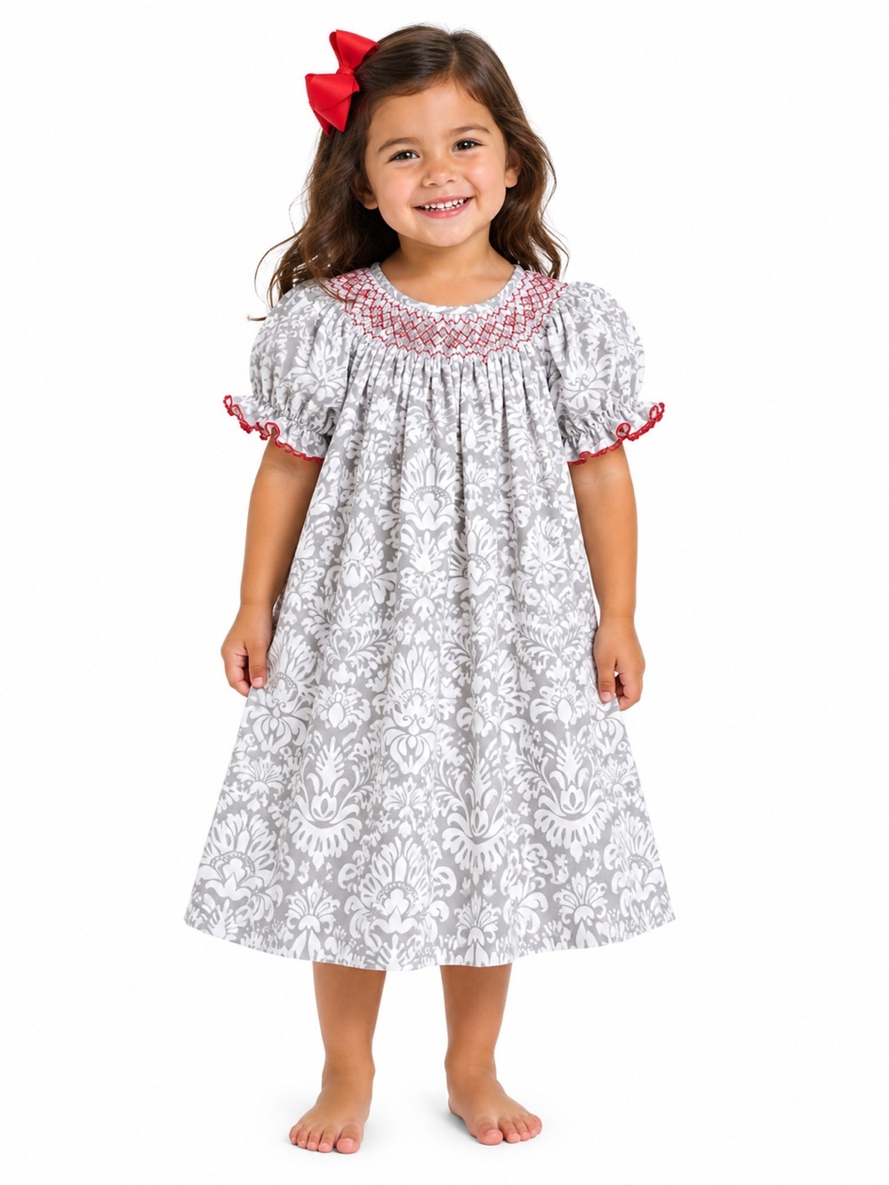 Smocked Grey Damask Girls'  with Red Trim